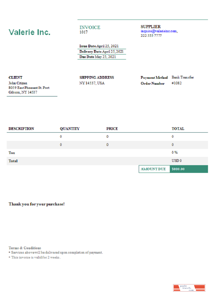 USA Valerie Inc. invoice PSD template
